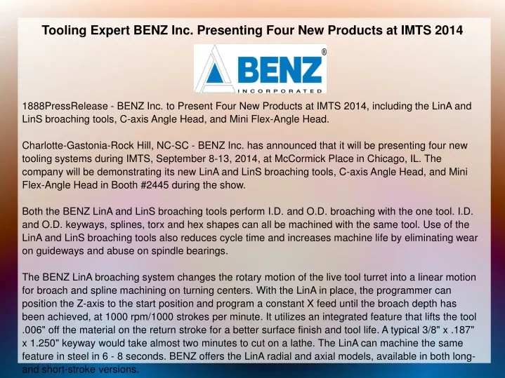 tooling expert benz inc presenting four