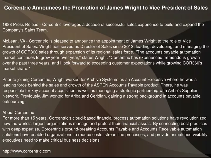 corcentric announces the promotion of james