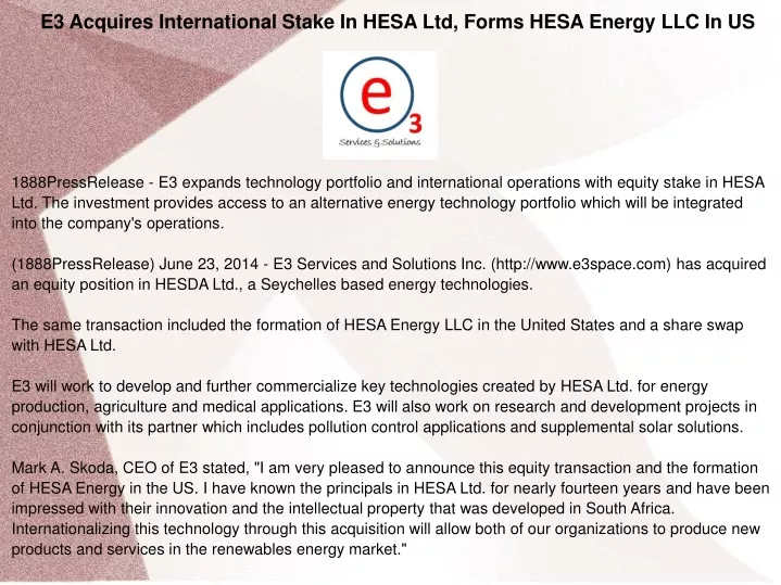 e3 acquires international stake in hesa ltd forms
