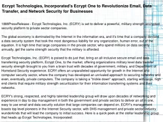 Ecrypt Technologies, Incorporated's Ecrypt One to Revolution