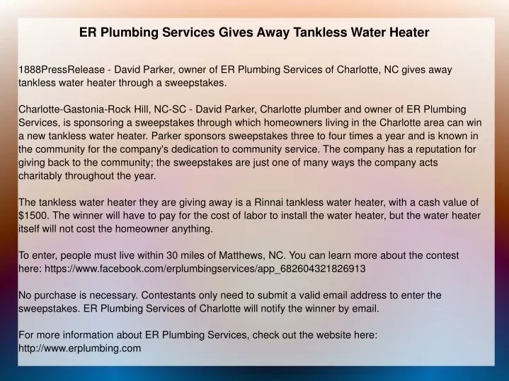 er plumbing services gives away tankless water