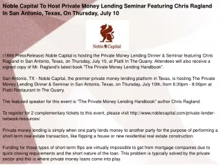 Noble Capital To Host Private Money Lending Seminar