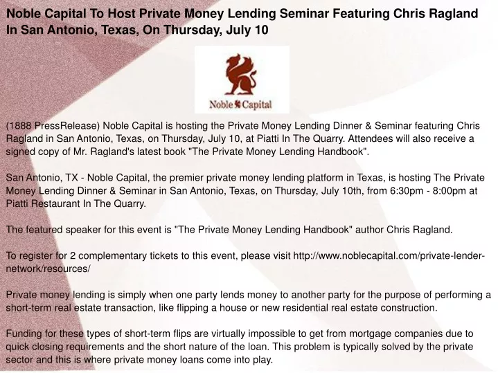 noble capital to host private money lending