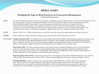 MEDIA ALERT Bridging the Gap on Best-Practices in Concussion Management A National Symposium
