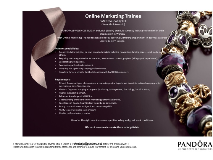 online marketing trainee pandora jewelry cee 3 months internship