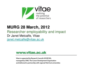 MURG 28 March, 2012 Researcher employability and impact Dr Janet Metcalfe, Vitae
