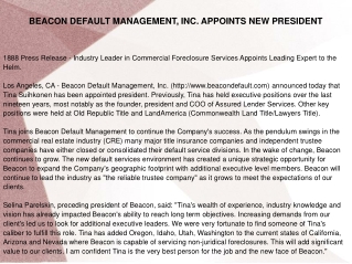 BEACON DEFAULT MANAGEMENT, INC. APPOINTS NEW PRESIDENT