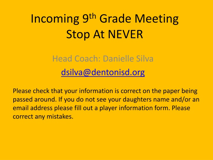 incoming 9 th grade meeting stop at never