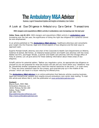 A Look at Due Diligence in Ambulatory Care Center Transactio