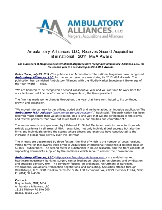 Ambulatory Alliances, LLC, Receives Second Acquisition Inter