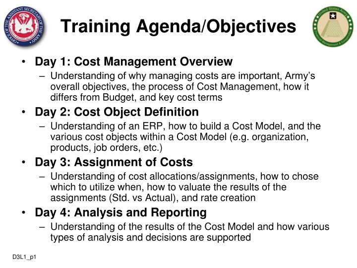 training agenda objectives