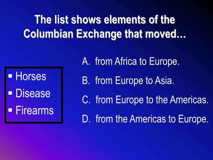 the list shows elements of the columbian exchange that moved