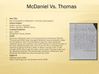 Item Title Bill of Complaint in McDaniel v. Thomas, [Law papers]. Author/Creator