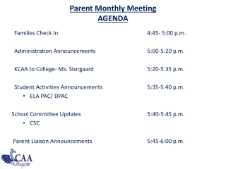 Parent Monthly Meeting AGENDA