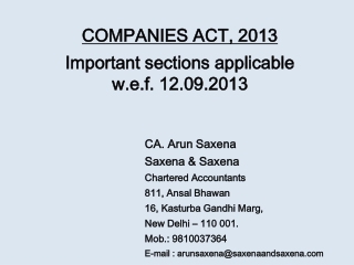 COMPANIES ACT, 2013 Important sections applicable w.e.f . 12.09.2013