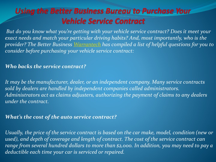 using the better business bureau to purchase your vehicle service contract