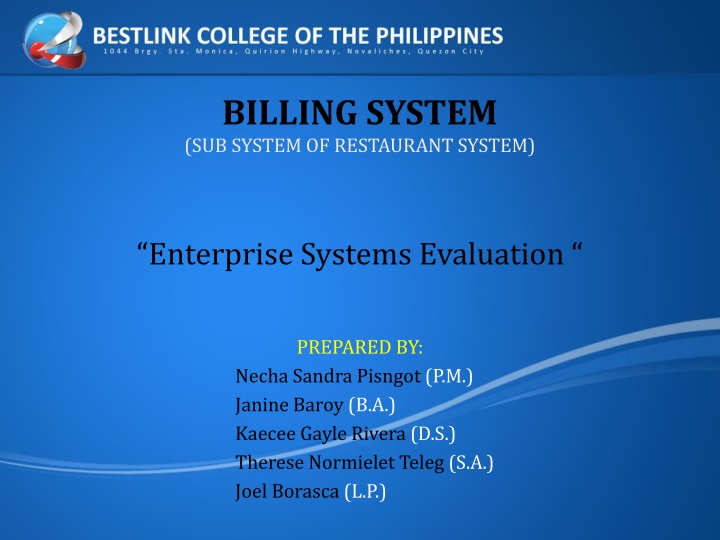 billing system sub system of restaurant system