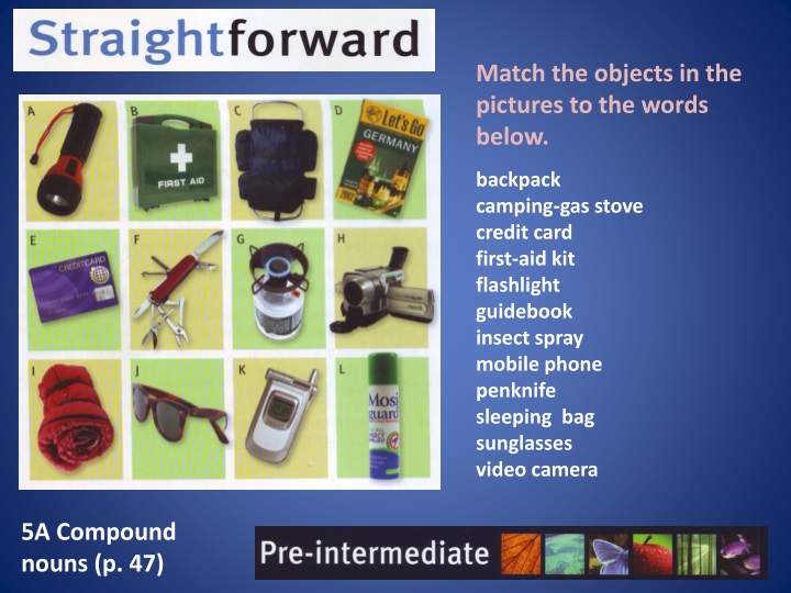 match the objects in the pictures to the words
