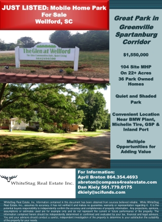 JUST LISTED : Mobile Home Park For Sale Wellford, SC