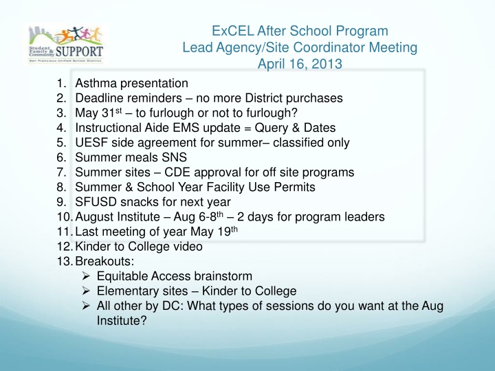 excel after school program lead agency site coordinator meeting april 16 2013