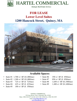FOR LEASE Lower Level Suites 1200 Hancock Street, Quincy, MA