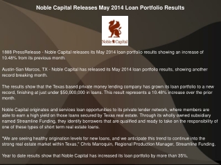 Noble Capital Releases May 2014 Loan Portfolio Results