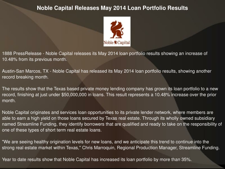 noble capital releases may 2014 loan portfolio