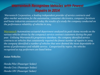 Warrantech Recognizes Vehicles with Fewest Repairs in 2014