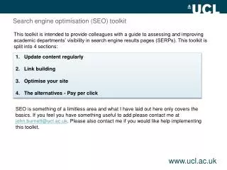 Search engine optimisation (SEO) toolkit