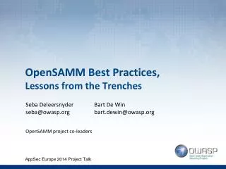 OpenSAMM Best Practices, Lessons from the Trenches