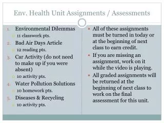 Env . Health Unit Assignments / Assessments