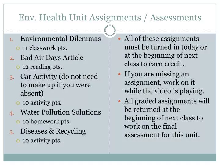 env health unit assignments assessments