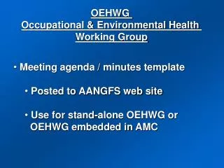 Meeting agenda / minutes template Posted to AANGFS web site Use for stand-alone OEHWG or OEHWG embedded in AMC