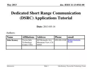 Dedicated Short Range Communication (DSRC) Applications Tutorial