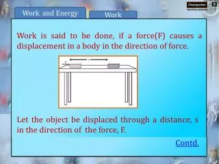 Work is said to be done, if a force(F) causes a displacement in a body in the direction of force.