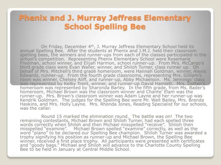 phenix and j murray jeffress elementary school spelling bee