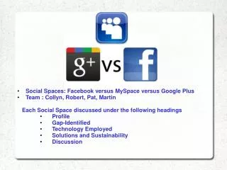 Social Spaces : Facebook versus MySpace versus Google Plus Team : Collyn, Robert, Pat, Martin