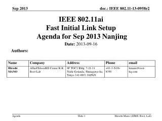 IEEE 802.11ai Fast Initial Link Setup Agenda for Sep 2013 Nanjing