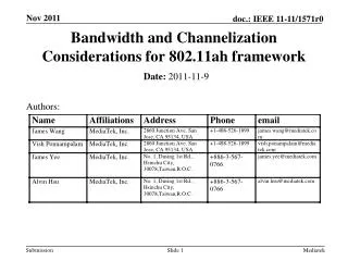 Bandwidth and Channelization Considerations for 802.11ah framework