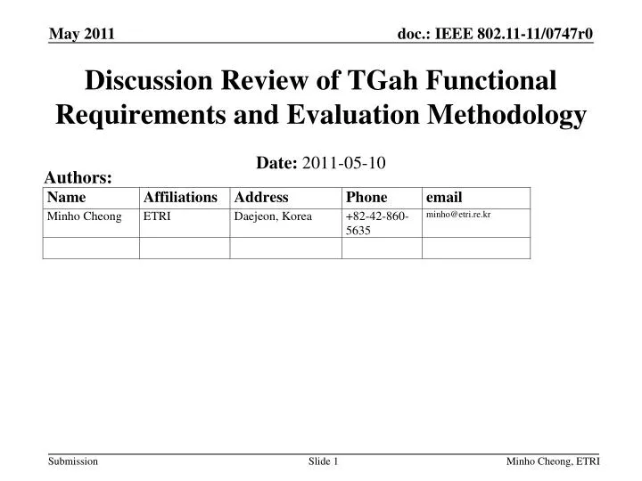discussion review of tgah functional requirements and evaluation methodology