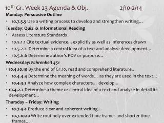 10 th Gr. Week 23 Agenda &amp; Obj. 		2/10-2/14