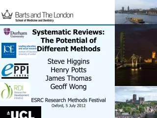 Systematic Reviews: The Potential of Different Methods Steve Higgins Henry Potts James Thomas Geoff Wong ESRC Research