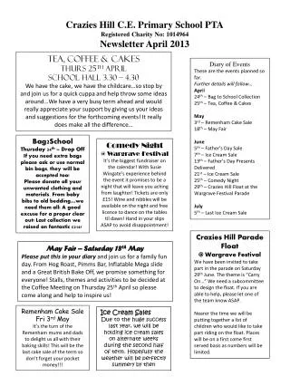 Crazies Hill C.E. Primary School PTA Registered Charity No: 1014964 Newsletter April 2013