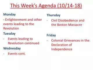 This Week’s Agenda (10/14-18)