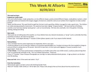This Week At Allsorts 30 / 09/2013
