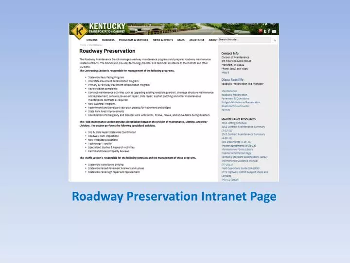 roadway preservation intranet page