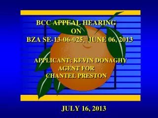 BCC APPEAL HEARING ON BZA SE-13-06-025, JUNE 06, 2013 APPLICANT: KEVIN DONAGHY AGENT FOR CHANTEL PRESTON