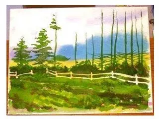 Painting a line of Pines - Part 2 OBJECT: A watercolor experiment with complementary colors and contrasts. Painting Pi