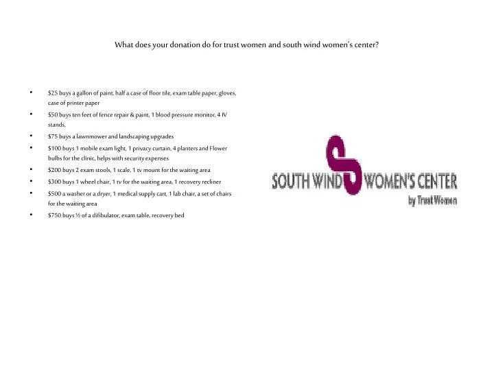 what does your donation do for trust women and south wind women s center