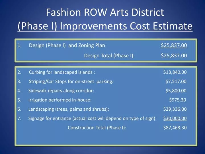 fashion row arts district phase i improvements cost estimate